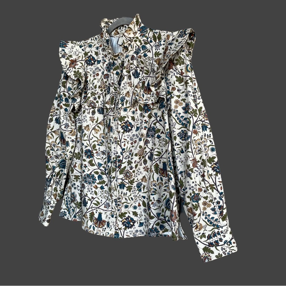 TUCKERNUCK Wildwood Chintz Winnie Blouse Ecru Floral Ruffle Pearl Snap Shirt Top - Picture 17 of 17